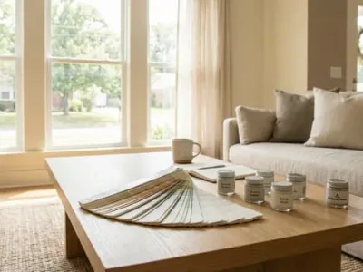 Paint color swatches and Benjamin Moore sample pots on a coffee table in a bright Nashville home living room
