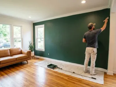 Professional painter cutting in a deep green accent wall in a Nashville living room