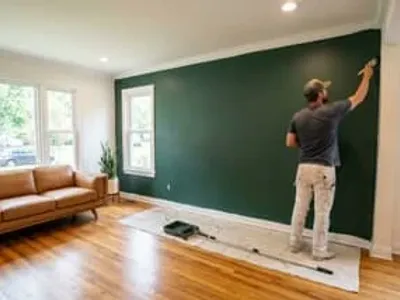Professional painter cutting in a deep green accent wall in a Nashville living room
