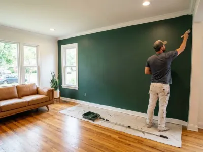 Professional painter cutting in a deep green accent wall in a Nashville living room