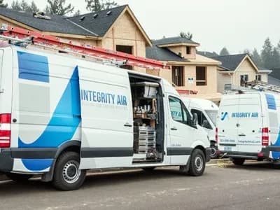 Integrity Air HVAC vans at new construction site in Portland