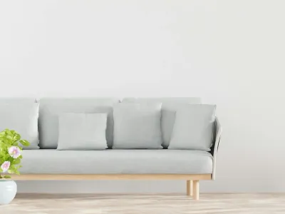 A plant and sofa complement the minimalist flooring.