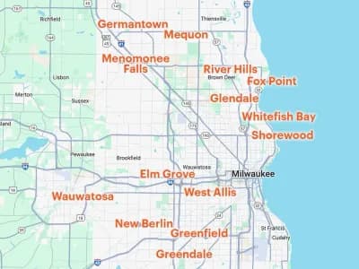 Map highlighting McCoy Contractors’ service coverage across Waukesha and Milwaukee counties