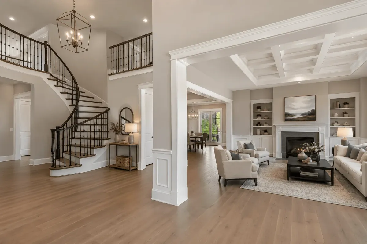 A large home interior in Charlotte with freshly painted walls, ceiling, and trim.