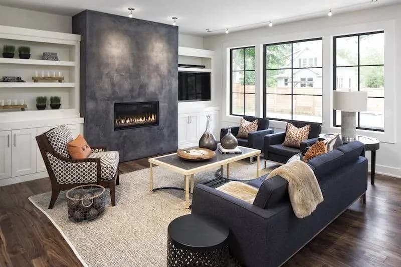Modern living room with Infinity by Marvin picture windows in Ebony finish