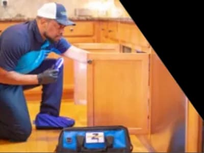 Z PLUMBERS worker kneeling and shining light under cabinet