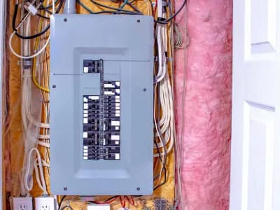 Electrical panel with circuit breakers for troubleshooting.