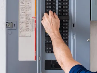 A person’s hand is adjusting a switch inside an electrical breaker panel, with a list of circuit labels visible on the panel door.
