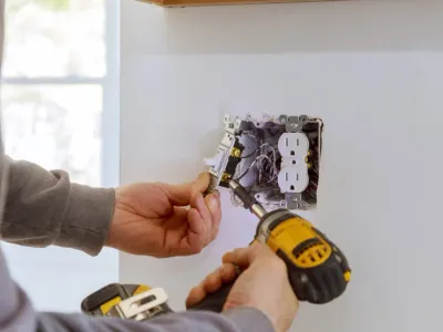 Person installing an electrical outlet with a drill and screwdriver.