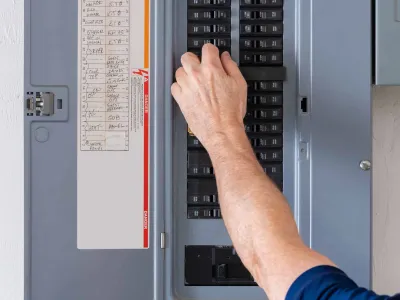 A person’s hand is adjusting a switch inside an electrical breaker panel, with a list of circuit labels visible on the panel door.