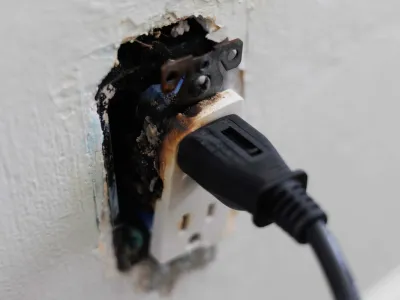 Close-up of a damaged electrical outlet and plug during troubleshooting.
