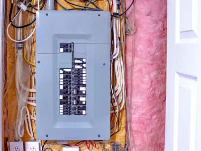Electrical panel with circuit breakers for troubleshooting.