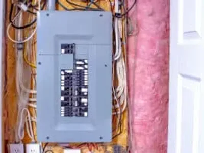 Electrical panel with circuit breakers for troubleshooting.