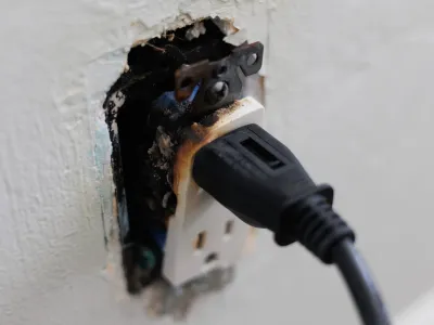 Close-up of a damaged electrical outlet and plug during troubleshooting.