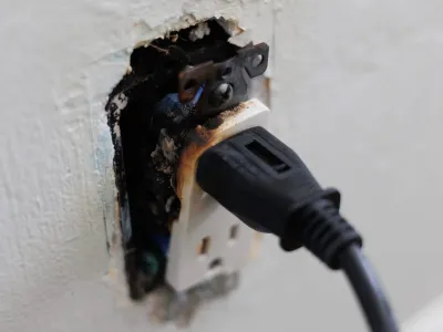 Close-up of a damaged electrical outlet and plug during troubleshooting.