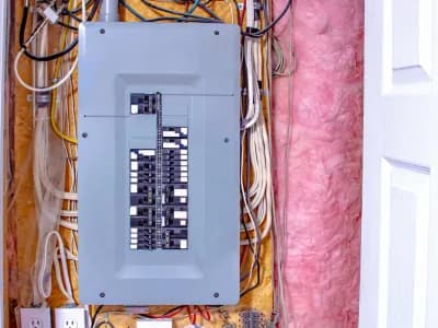 Electrical panel with circuit breakers for troubleshooting.