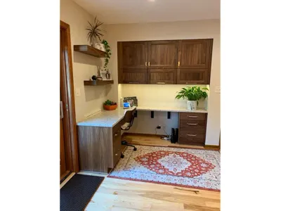 Home office remodel with dark wood cabinets