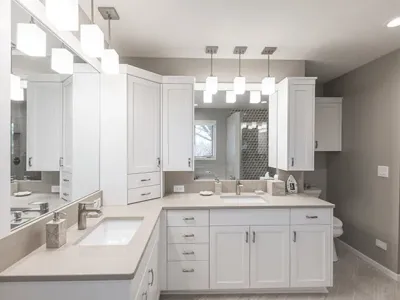 Bathroom remodel with white cabinets