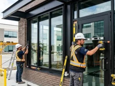 Cosello Construction technicians installing windows on a commercial building