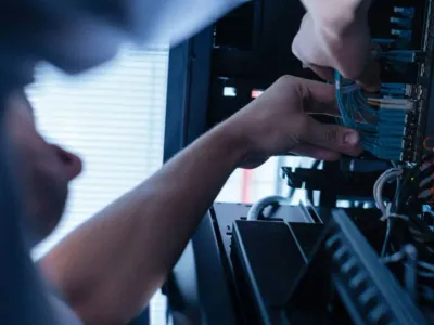 low voltage systems contractor working on a patch panel