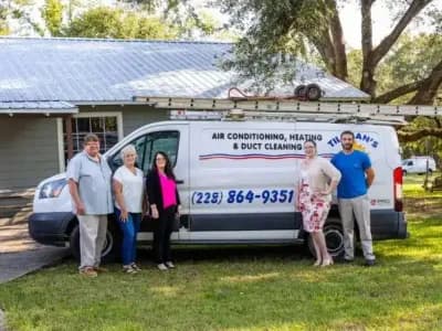 Group of five Tillman's Services employees standing in front of a service van with "Air Conditioning, Heating & Duct Cleaning" and contact number, showcasing reliable home service expertise.