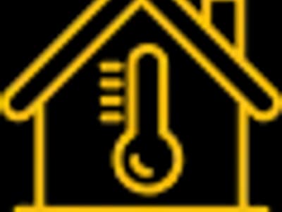 Icon of a house with a thermometer symbol, representing heating and air conditioning services for home comfort.