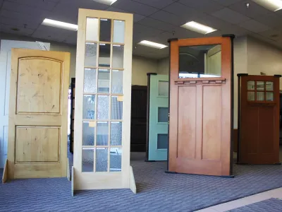 A beautiful selection of doors in a showroom