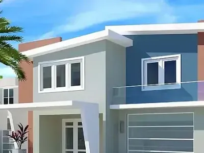 A 3D rendering shows a home exterior designed with Paint‑Pro’s painting expertise.