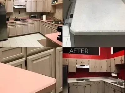 Two perspectives display the same modern kitchen refinished by Paint‑Pro’s interior painting team.