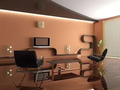Warm orange walls pair with wood flooring in a room painted by Paint‑Pro’s.
