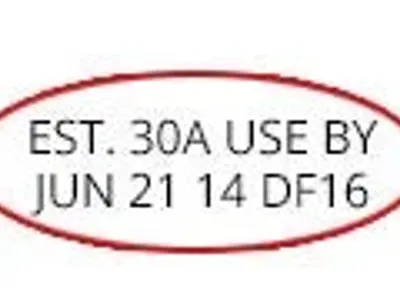 Expiration date and establishment code in red oval