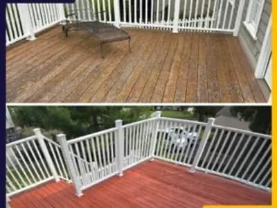 Before and after photos of a wooden deck. The 'before' photo shows the deck with faded, weathered wood, while the 'after' photo shows the deck freshly stained in a reddish color