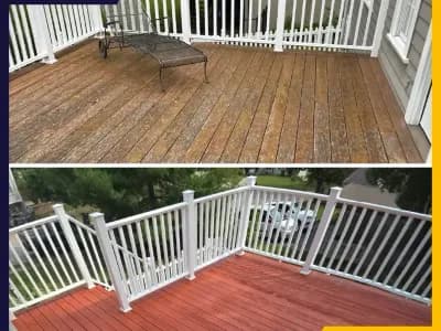 Before and after photos of a wooden deck. The 'before' photo shows the deck with faded, weathered wood, while the 'after' photo shows the deck freshly stained in a reddish color