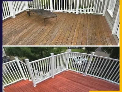 Before and after photos of a wooden deck. The 'before' photo shows the deck with faded, weathered wood, while the 'after' photo shows the deck freshly stained in a reddish color