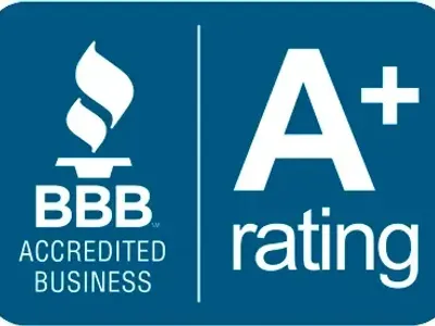 BBB Accredited Business A+ rating logo on a blue background.