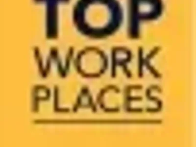 Top Workplaces award badge in yellow with bold blue text.