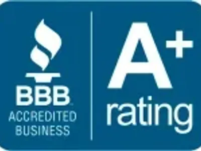 BBB Accredited Business A+ rating logo on a blue background.