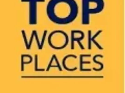Top Workplaces award badge in yellow with bold blue text.