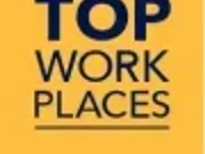 Top Workplaces award badge in yellow with bold blue text.