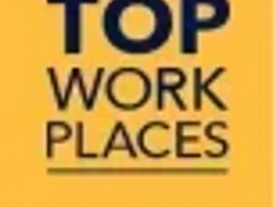 Top Workplaces award badge in yellow with bold blue text.