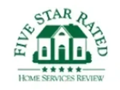 Five Star Rated Home Services Review logo with green house and stars.