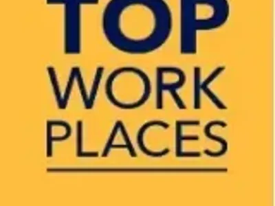 Top Workplaces award badge in yellow with bold blue text.