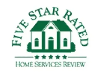 Five Star Rated Home Services Review logo with green house and stars.