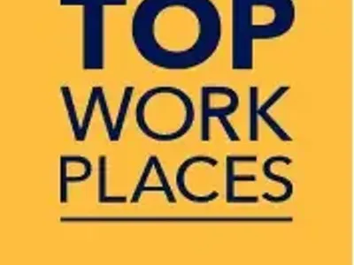Top Workplaces award badge in yellow with bold blue text.