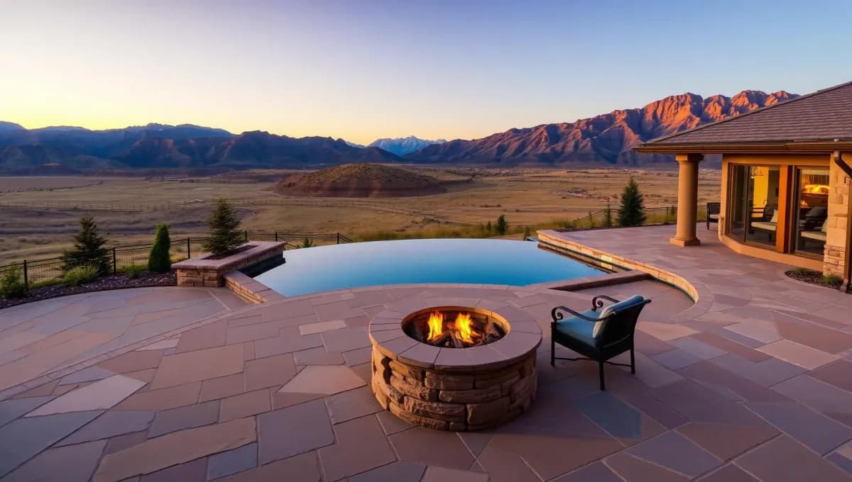 Architectural landscape design with pool, putting green, and stonework by Scenic View Landscape