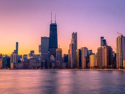 View of Chicago skyline at sunrise.