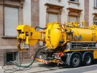 Sewerage truck on street working - clean up sewerage overflows, cleaning pipelines and potential pollution issues from an modern building.