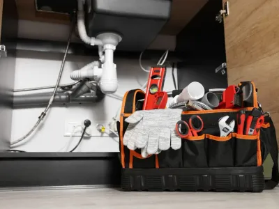 Plumber's tool bag on floor under kitchen sink
