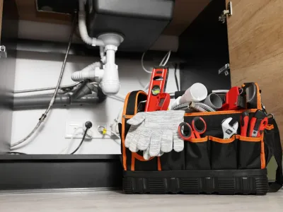 Plumber's tool bag on floor under kitchen sink