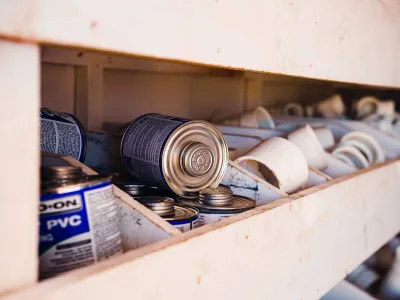 PVC glue and spare plumbing parts in Dynamic Plumbing trailer